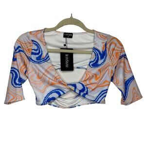 NWT Icon Swim White Blue Orange Sunset Dive Wave Print Twist Front Crop Top S